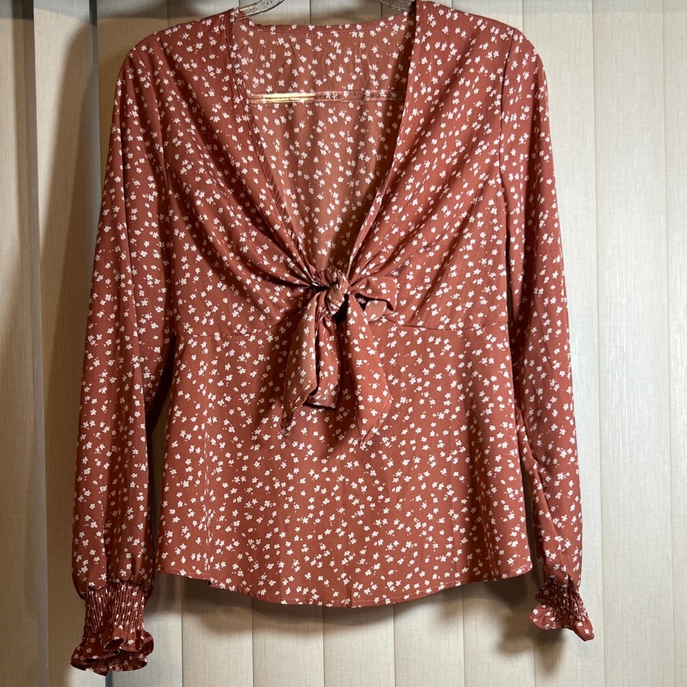 SHEIN Terracotta Floral Tie-Front Blouse